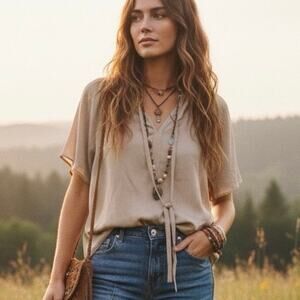 NWT H&M Top Womens M Taupe Tie Neck Peasant Earthy Boho Cottagecore Neutral